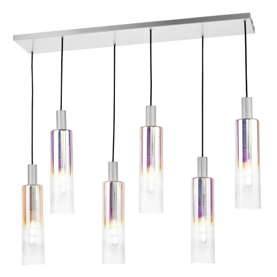 där lighting Ruben 6 Light Bar Pendant Satin Silver and Ribbed Iridised Glass