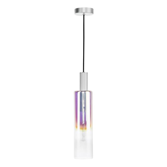 Där Lighting Ruben Pendant Satin Silver And Ribbed Iridised Glass