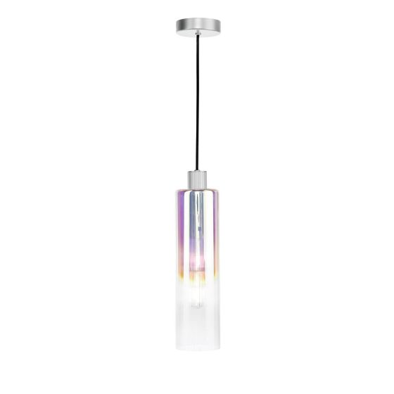 Där Lighting Ruben Pendant Satin Silver And Ribbed Iridised Glass