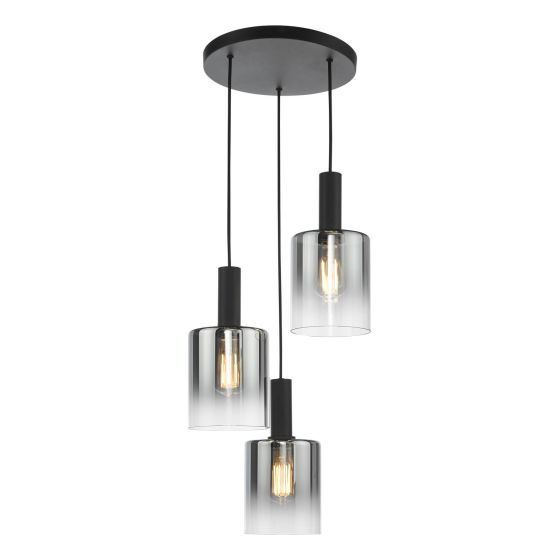 där lighting Savannah 3 Light Cluster Pendant Matt Black and Smoked Glass