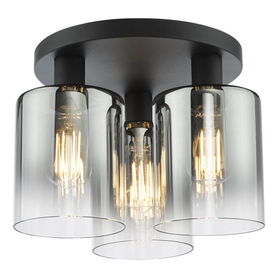 där lighting Savannah 3 Light Flush Matt Black and Smoked Glass