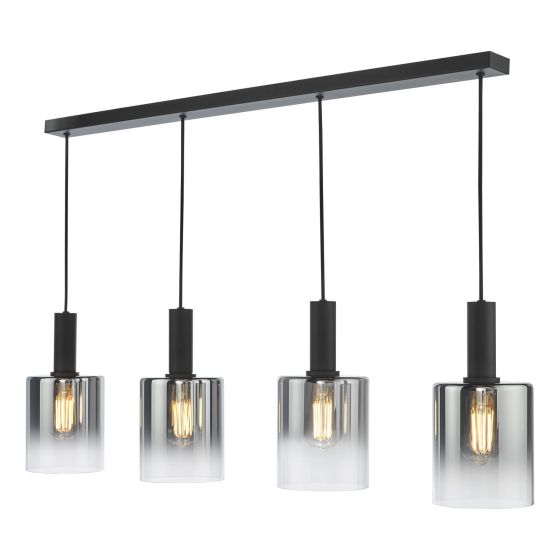 där lighting Savannah 4 Light Bar Pendant Matt Black and Smoked Glass
