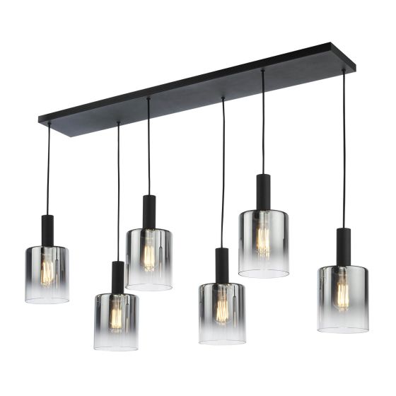 där lighting Savannah 6 Light Bar Pendant Matt Black and Smoked Glass