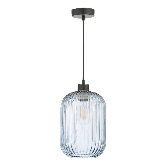 Där Lighting Sawyer Pendant Matt Black And Blue Ribbed Glass