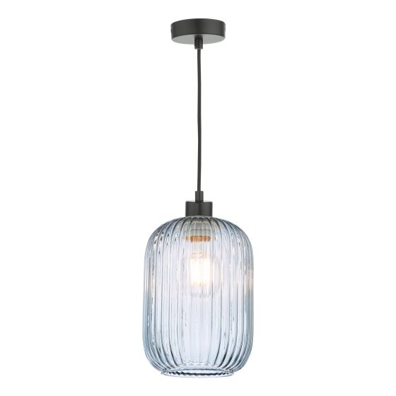 där lighting Sawyer Pendant Matt Black and Blue Ribbed Glass