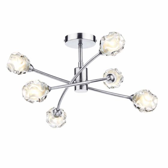 Där Lighting Seattle 6lt Semi Flush Satin Chrome & Sculptured Glass