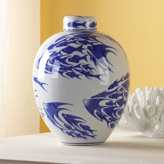 Där Lighting Simone Ceramic Blue & White Fish Pattern Jar With Lid