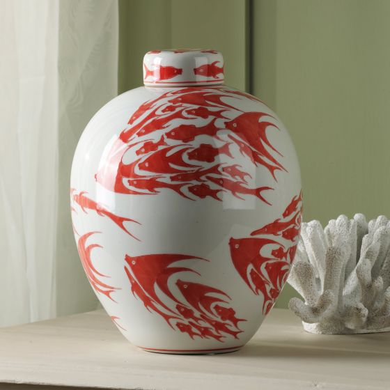 Där Lighting Simone Ceramic Coral & White Fish Pattern Jar With Lid