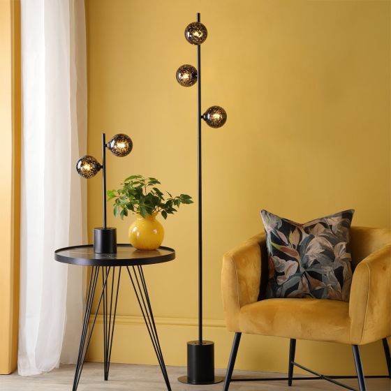 Där Lighting Spiral 2 Light Table Lamp Matt Black And Black Confetti Glass