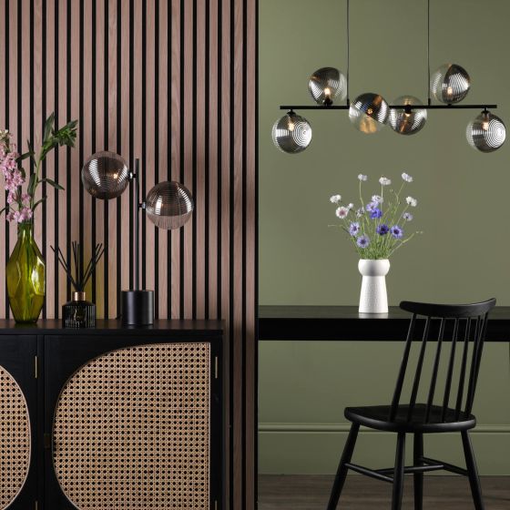 Där Lighting Spiral 2 Light Table Lamp Matt Black & Smoked/Clear Ribbed Glass