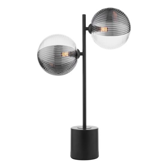 där lighting Spiral 2 Light Table Lamp Matt Black & Smoked/Clear Ribbed Glass