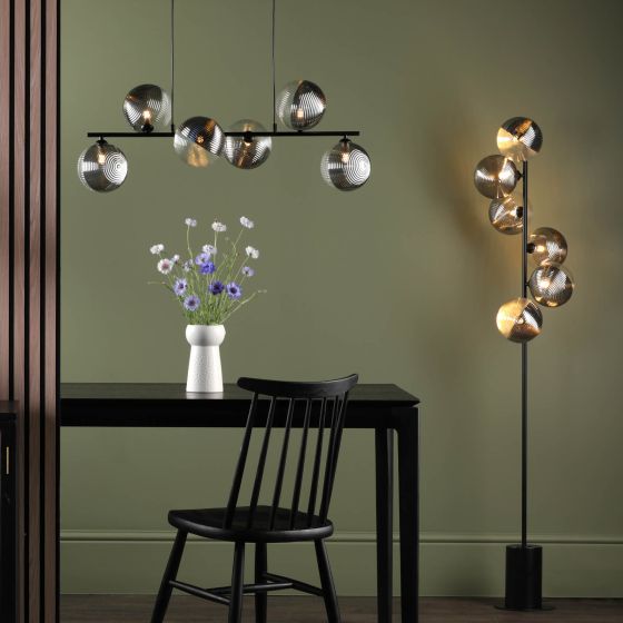 Där Lighting Spiral 6 Light Bar Pendant Matt Black & Smoked/Clear Ribbed Glass