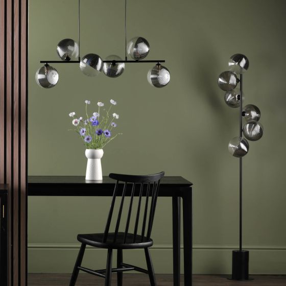 Där Lighting Spiral 6 Light Bar Pendant Matt Black & Smoked/Clear Ribbed Glass