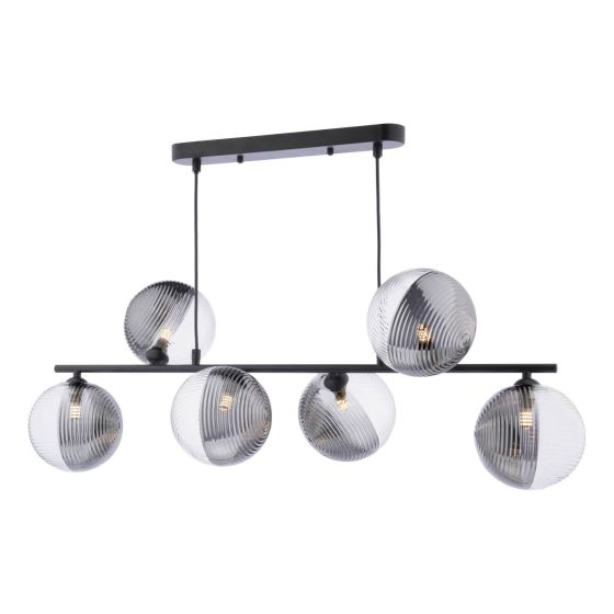 där lighting Spiral 6 Light Bar Pendant Matt Black & Smoked/Clear Ribbed Glass