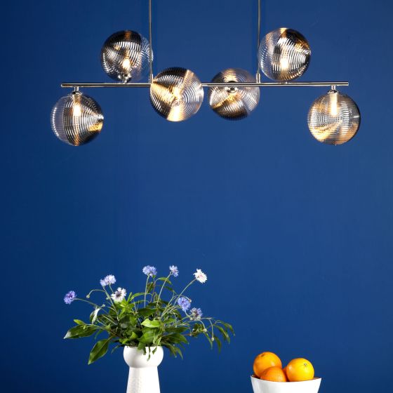 Där Lighting Spiral 6 Light Bar Pendant Polished Chrome & Smoked/Clear Ribbed Glass