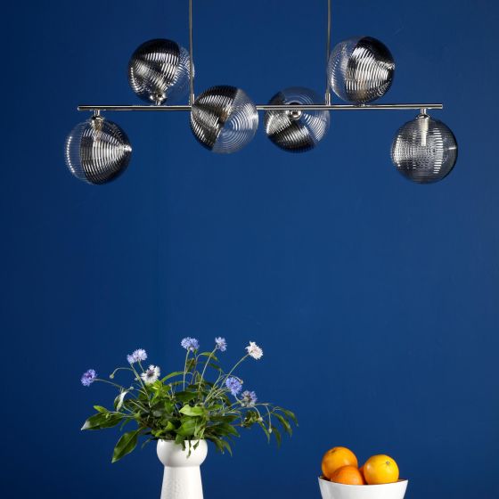 Där Lighting Spiral 6 Light Bar Pendant Polished Chrome & Smoked/Clear Ribbed Glass