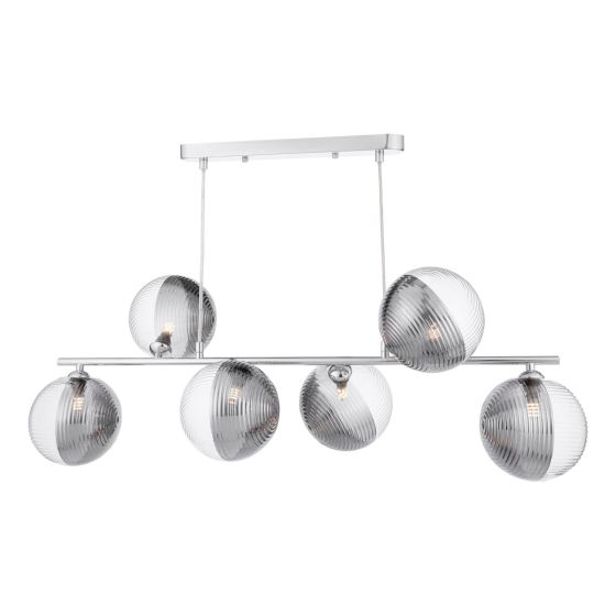 där lighting Spiral 6 Light Bar Pendant Polished Chrome & Smoked/Clear Ribbed Glass