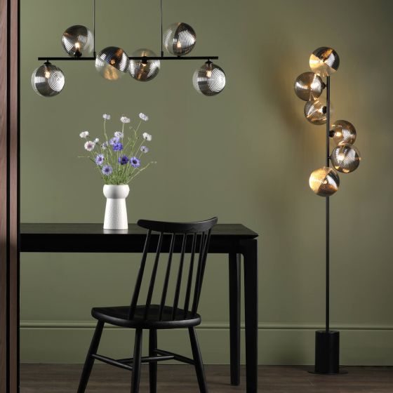 Där Lighting Spiral 6 Light Floor Lamp Matt Black & Smoked/Clear Ribbed Glass