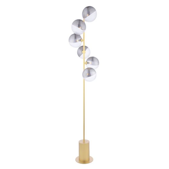 där lighting Spiral 6 Light Floor Lamp Matt Gold & Smoked/Clear Ribbed Glass