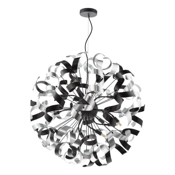 Där Lighting Swash 12 Light Pendant Black With Black & Aluminium Ribbons