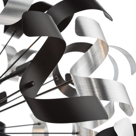 Där Lighting Swash 12 Light Pendant Black With Black & Aluminium Ribbons