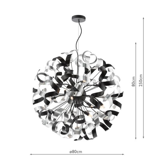 Där Lighting Swash 12 Light Pendant Black With Black & Aluminium Ribbons