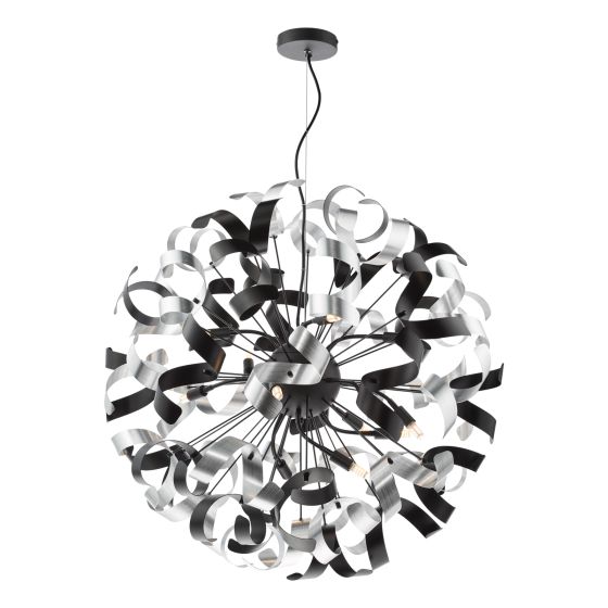 där lighting Swash 12 Light Pendant Black With Black & Aluminium Ribbons