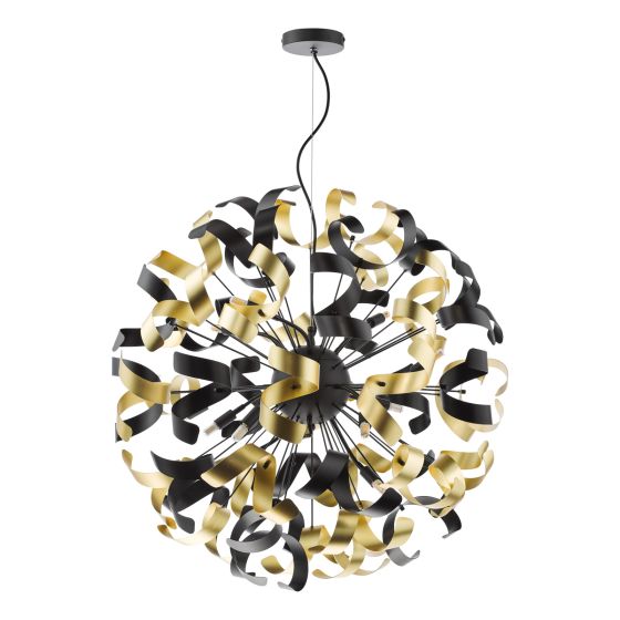 Där Lighting Swash 12 Light Pendant Black With Black & Gold Ribbons