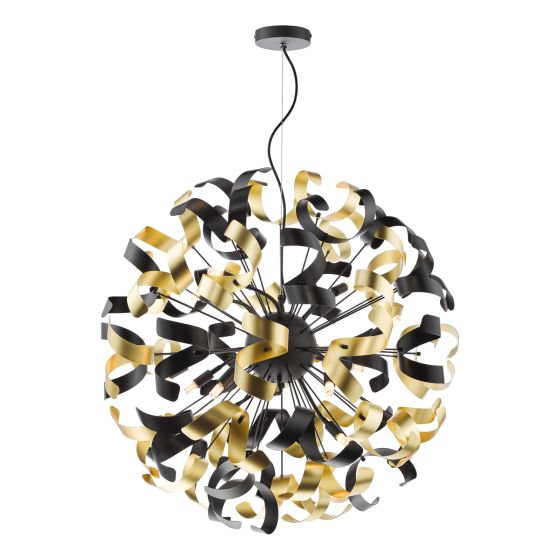 där lighting Swash 12 Light Pendant Black With Black & Gold Ribbons