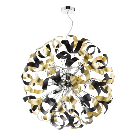 Där Lighting Swash 12 Light Pendant Polished Chrome With Black & Gold Ribbons