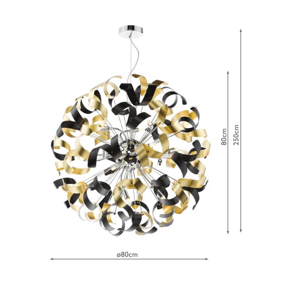 Där Lighting Swash 12 Light Pendant Polished Chrome With Black & Gold Ribbons