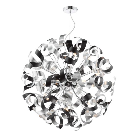 där lighting Swash 12 Light Pendant Polished Chrome With Black & Aluminium Ribbons
