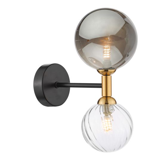 där lighting Takara 2 Light Wall Light Black and Twisted & Large Smoked Glass