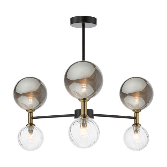 där lighting Takara 6 Light Semi-Flush Matt Black and Twisted Glass