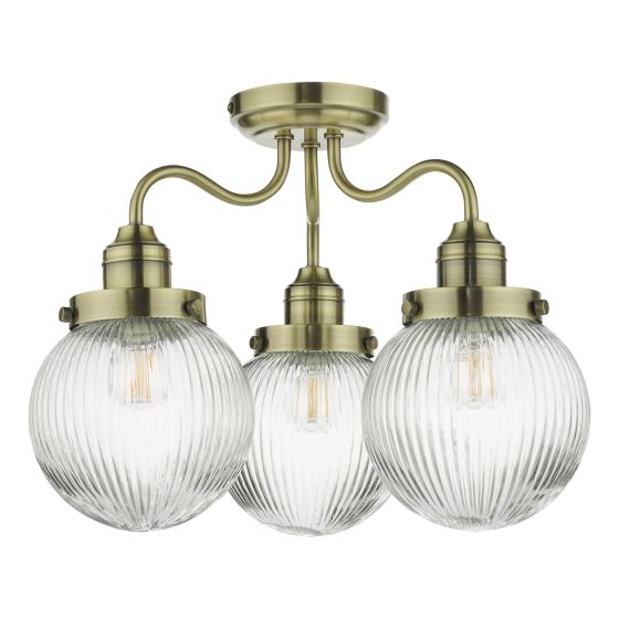 Där Lighting Tamara 3 Light Bathroom Semi Flush Antique Brass Ribbed Glass IP44