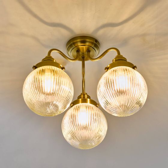 Där Lighting Tamara 3 Light Bathroom Semi Flush Antique Brass Ribbed Glass IP44