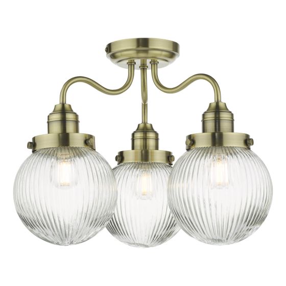 där lighting Tamara 3 Light Bathroom Semi Flush Antique Brass Ribbed Glass IP44