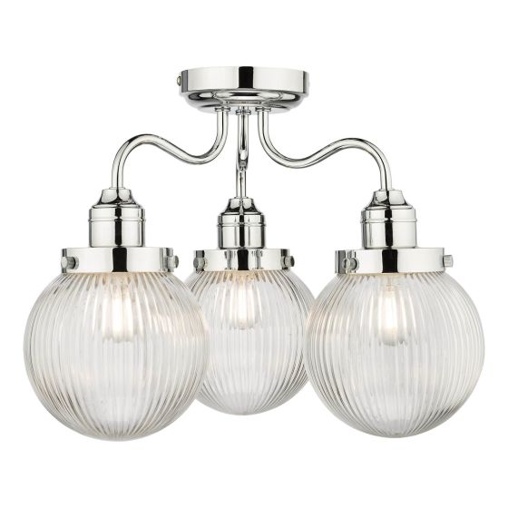 där lighting Tamara 3 Light Bathroom Semi Flush Polished Chrome Ribbed Glass IP44