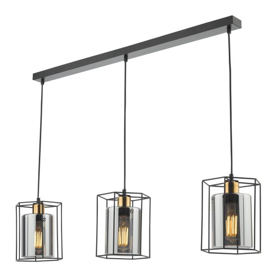 Där Lighting Tatum 3 Light Bar Pendant Matt Black And Smoked Glass