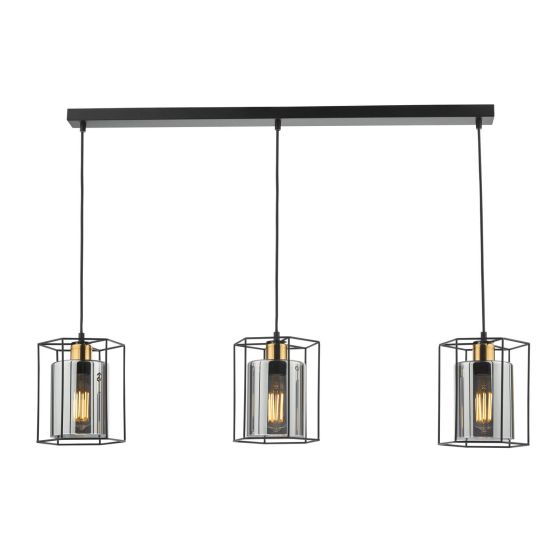 där lighting Tatum 3 Light Bar Pendant Matt Black and Smoked Glass