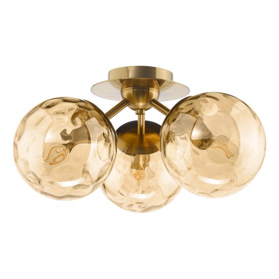 Där Lighting Ulrika 3 Light Flush Antique Brass And Amber Glass