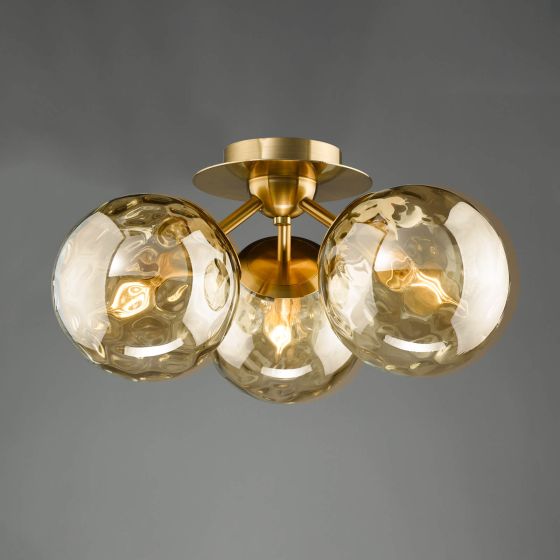 Där Lighting Ulrika 3 Light Flush Antique Brass And Amber Glass