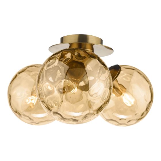 Där Lighting Ulrika 3 Light Flush Antique Brass And Amber Glass