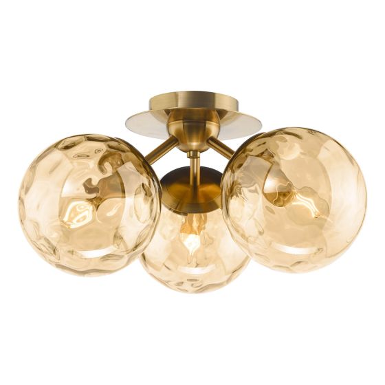 där lighting Ulrika 3 Light Flush Antique Brass and Amber Glass