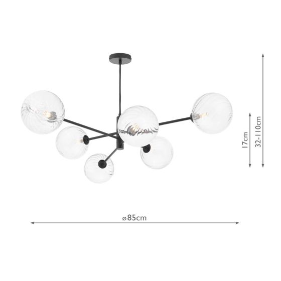 Där Lighting Vignette 6 Light Pendant Matt Black And Twisted Glass