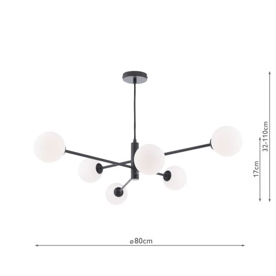 Där Lighting Vignette 6 Light Pendant Matt Black & Opal Glass