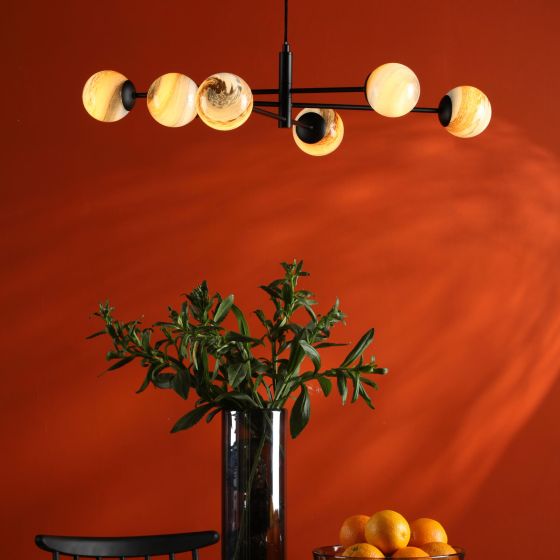 Där Lighting Vignette 6 Light Pendant Matt Black & Planet Style Glass