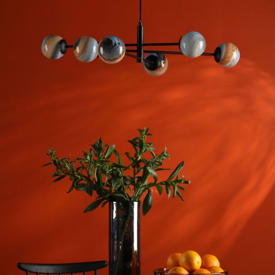 Där Lighting Vignette 6 Light Pendant Matt Black & Planet Style Glass