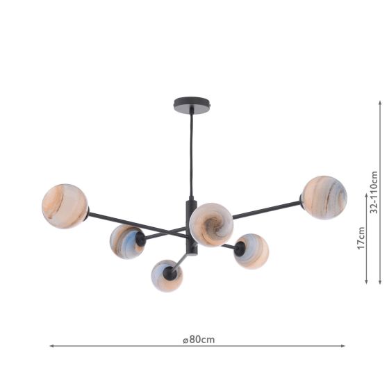 Där Lighting Vignette 6 Light Pendant Matt Black & Planet Style Glass