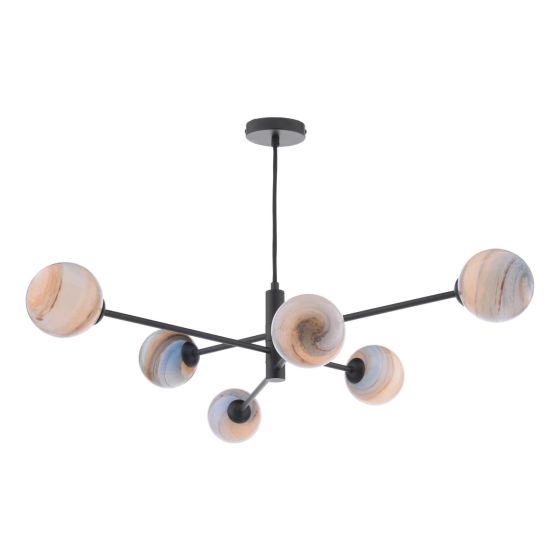 där lighting Vignette 6 Light Pendant Matt Black & Planet Style Glass
